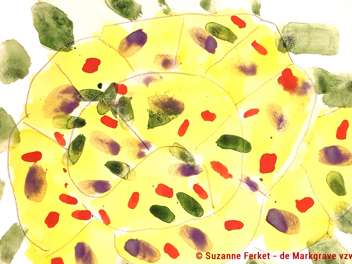 Techniek: olieverf Beschrijving: Een geel slakvormig figuur met groene, paarse en rode stippen